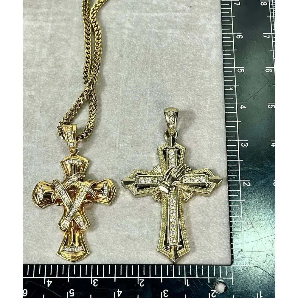 Lg Gold Tone Cross Pendant Lot w 30” Stainless Chain 2 Interchangeable Pendants
